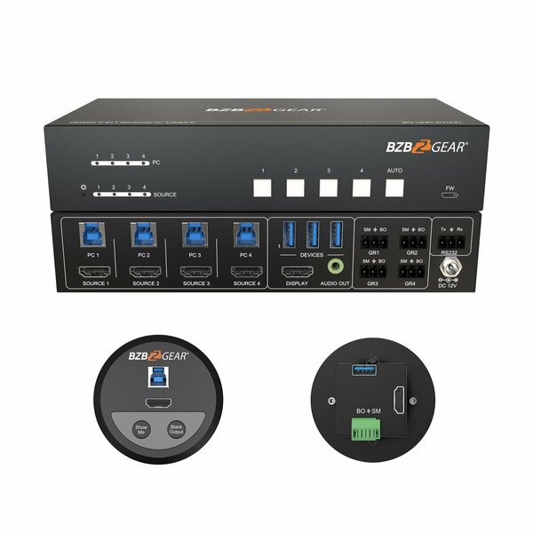 Bzbgear 4-Port 4K UHD KVM and Conference Room Switcher with HDMI and USB3.0 Kit with 4 Table Grommets BG-UHD-KVM41-KIT
